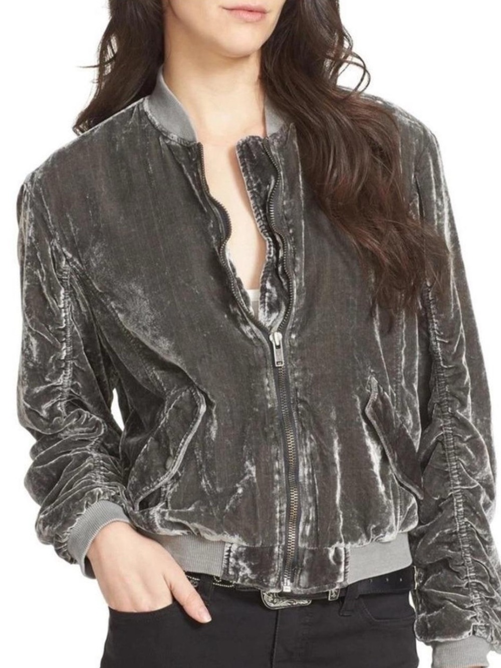Free People Gray Velvet Bomber Jacket